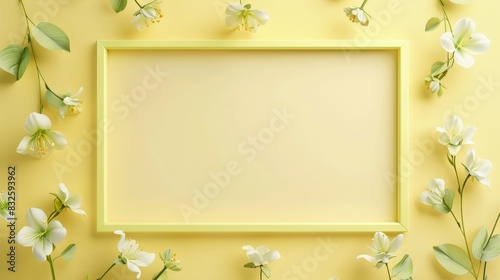 Empty frame with flowers on a yellow background photo