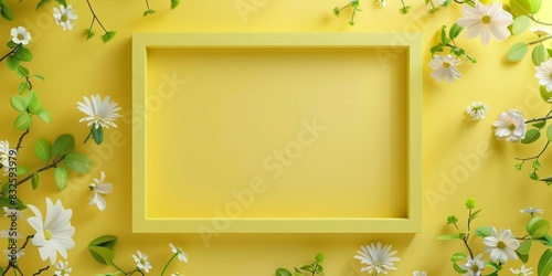 Empty frame with flowers on a yellow background photo