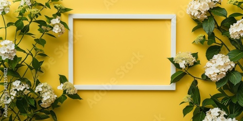 Empty frame with flowers on a yellow background photo
