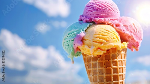 A deliciouslooking ice cream cone with neoncolored scoops, melting slightly under a summer sun photo