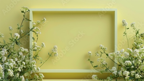 Empty frame with flowers on a yellow background photo