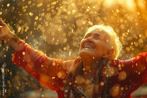 Joyful Older Woman Dancing in Rain, Embracing Life with Radiant Freedom and Carefree Happiness