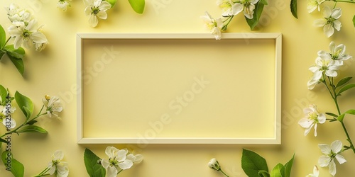 Empty frame with flowers on a yellow background photo