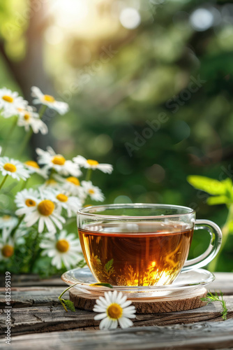 cup of tea with chamomile on the background of nature