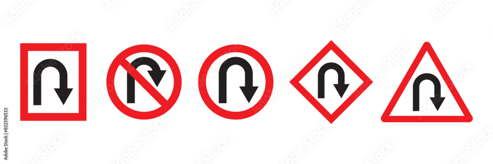 U-turn right and left traffic road sign icon vector design, U turn arrow symbol icon set, design for website, app, UI, isolated on white background. U-turn right and left traffic road sign icon vector design, U turn arrow symbol icon set, design for website, app, UI, isolated on white background.