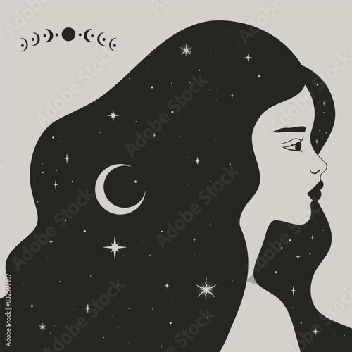 Celestial magical woman profile in boho style. Decorated with crescent and stars. Vector illustration