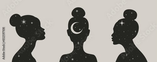 Abstract celestial women profiles in boho style. Female silhouettes decorated with crescent and stars. Vector illustration
