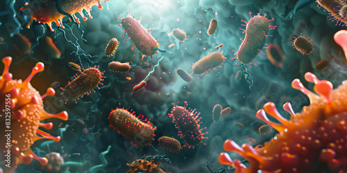 Bacterial Toxin Production: Microscopic view of toxin-producing bacteria releasing harmful substances, causing cellular damage