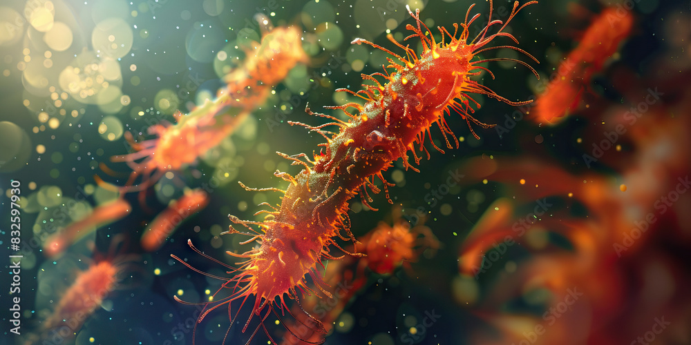 Antibiotic Resistance Mechanisms: Microscopic visualization of bacterial cells evading antibiotic attacks, highlighting resistance mechanisms