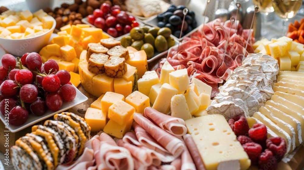 Assorted cheeses uncooked ham a variety of sweet treats Assorted cheeses uncooked ham a variety of sweet treats