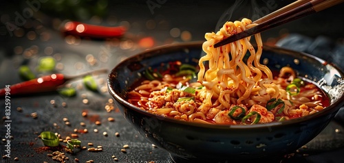 A pair of chopsticks lifting noodles from a bowl of spicy ramen, with space for text photo