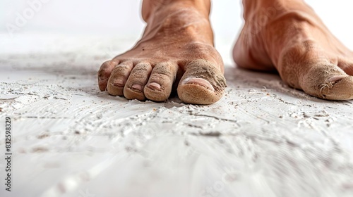 Closeup of a persons feet with dry, flaky skin, on a white floor photo