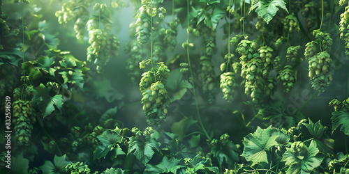 Beautiful Bright Green Cones of Hops on a Sunny Autumn Day, Fresh Green Hop Branches Under the Autumn Sun photo
