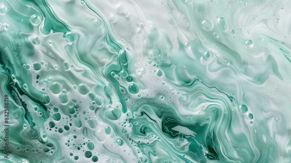 Naklejka premium Swirling green and white fluid, resembling the texture of abstract painting, with bubbles floating in it.