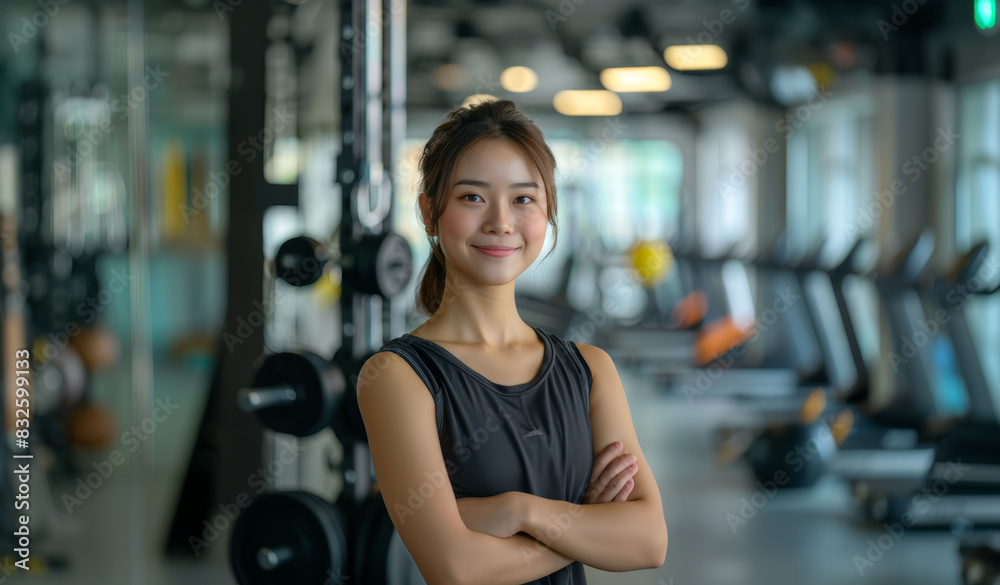 ジムでトレーナーをしている女性 A woman working as a trainer at the gym.Generative AI ジムでトレーナーをしている女性 A woman working as a trainer at the gym.Generative AI