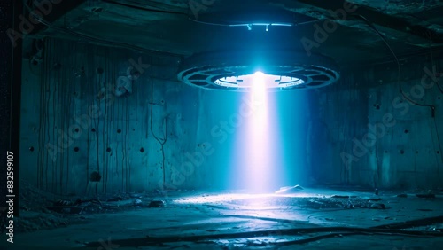 A room filled with darkness, pierced by a glowing blue light emanating from a mysterious alien artifact, A mysterious alien artifact emitting an eerie blue light in a dark, abandoned spaceship photo