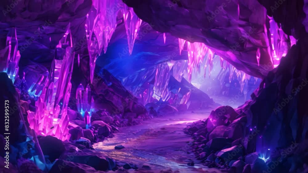 A cave illuminated by vibrant purple and blue ice formations, A mystical cave with glowing crystals and twisting tunnels A cave illuminated by vibrant purple and blue ice formations, A mystical cave with glowing crystals and twisting tunnels