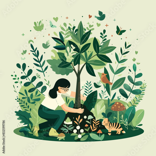 Flat vector illustration of World Environment Day, depicting a person planting a tree surrounded by lush greenery and wildlife