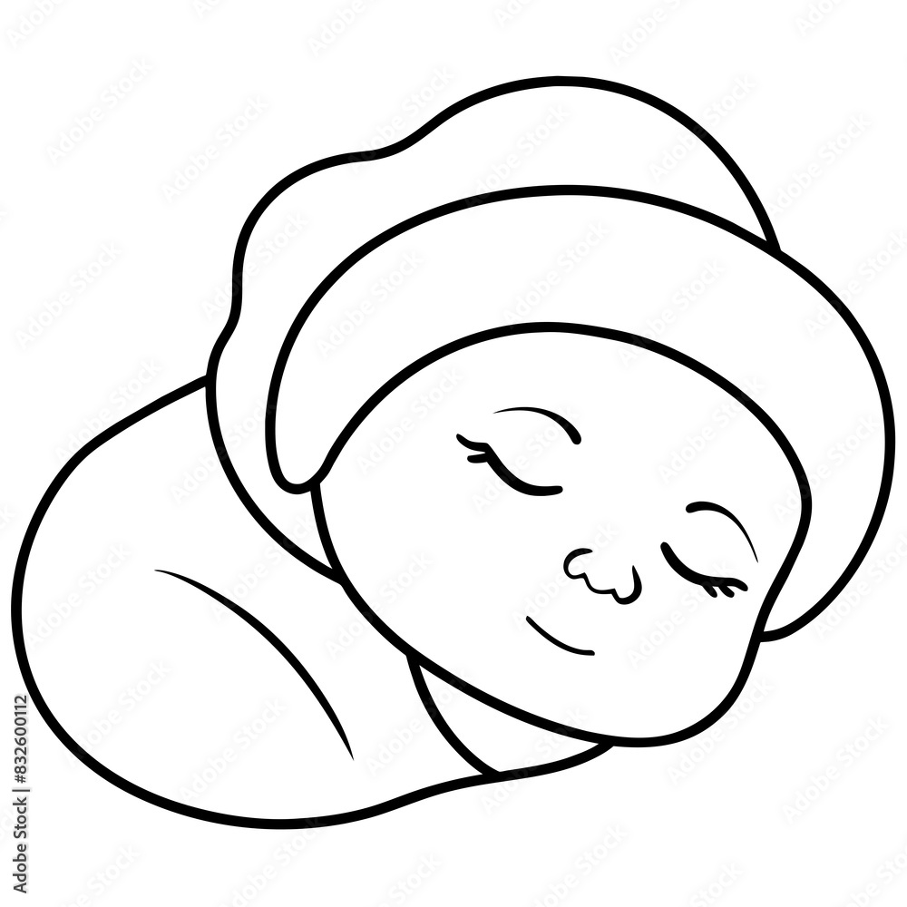 A baby wearing a bathing scap is sleeping on the bed, with a close-up of her face.