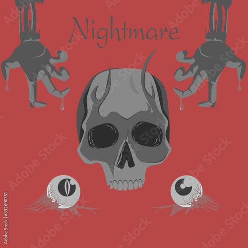 Halloween skull Vectors. Halloween seamless pattern. Skeleton Skull of death with Zombie bone hand  and Eyes falling out of their sockets. Nightmare text  for scares. Skelton gray rotted hand. love.