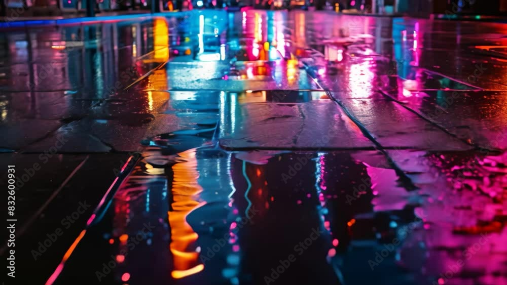 Colorful neon lights illuminate a wet city street at night, creating a vibrant and dynamic urban scene, A nighttime scene of neon lights reflecting off wet pavement