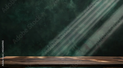 Empty wooden table with sunlight streaming through a dark textured background, perfect for product display or design purposes.