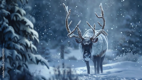 Majestic reindeer in a serene winter landscape. Snowflakes falling gently in a magical, snowy forest scene. Perfect for holiday themes.