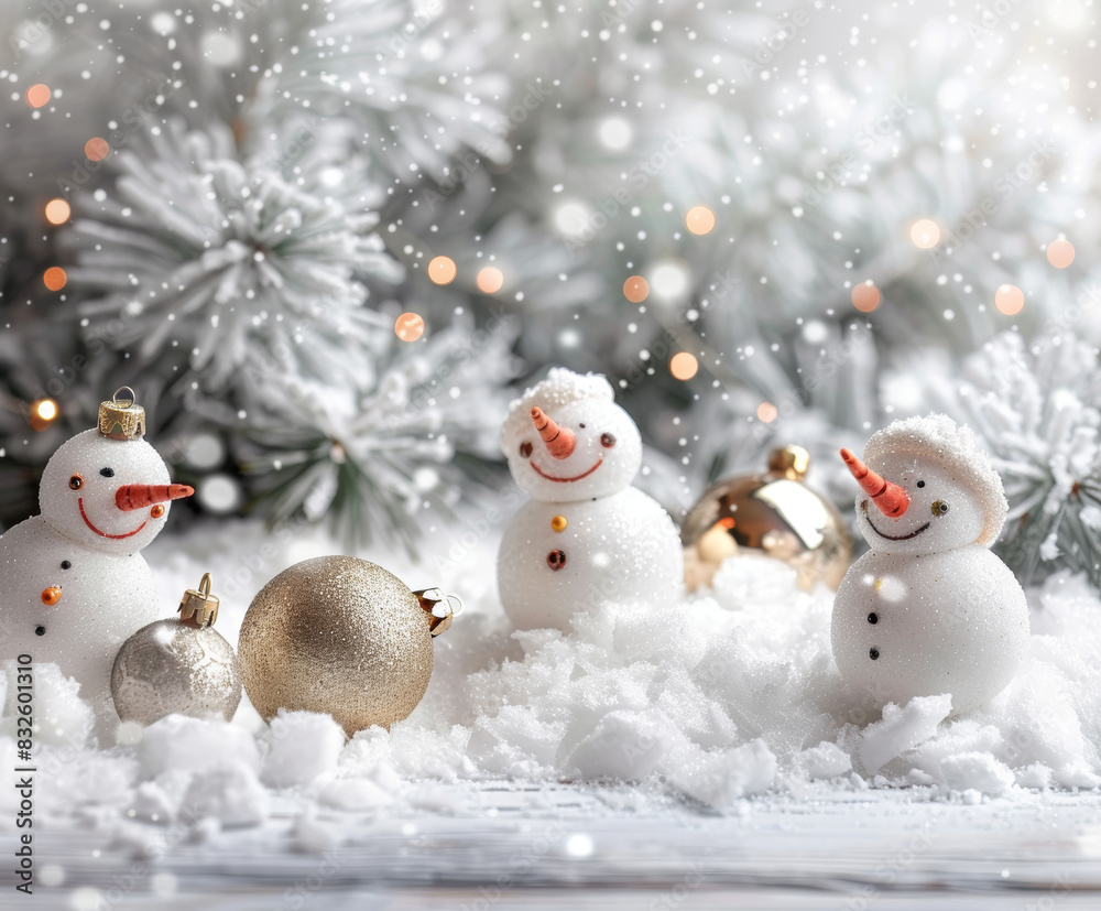 雪だるまと雪とクリスマスオーナメント Snowman, snow and Christmas ornaments.Generative AI 雪だるまと雪とクリスマスオーナメント Snowman, snow and Christmas ornaments.Generative AI