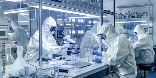 Un equipo de científicos trabajando en un laboratorio moderno llevan abrigos de laboratorio y gafas de seguridad el laboratorio está equipado con equipos de última generación photo
