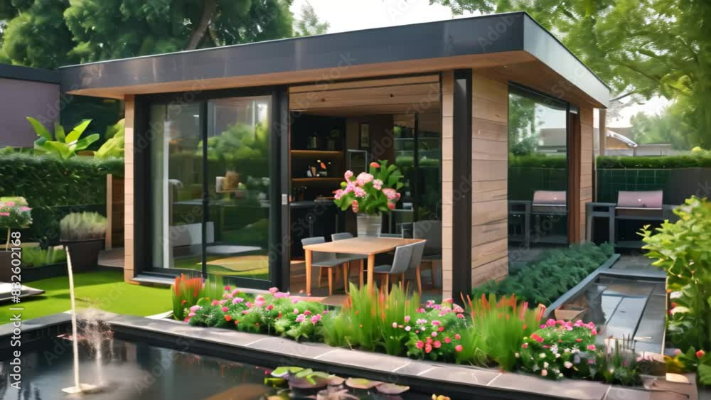 A small backyard features a pond and patio furniture, creating a relaxing outdoor space, A peaceful garden office with a fountain and flowers A small backyard features a pond and patio furniture, creating a relaxing outdoor space, A peaceful garden office with a fountain and flowers