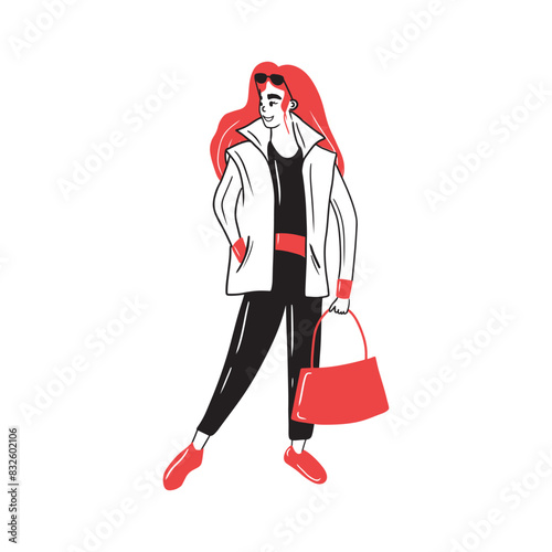 Beautiful trendy red long hair woman in black shirt and pants in warm sleeveless waistcoat holding red bag in hand with sunglasses. Hand drawn vector doodle character illustration. Fashion street.