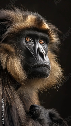 A Gelada monkey in close-up against a black background