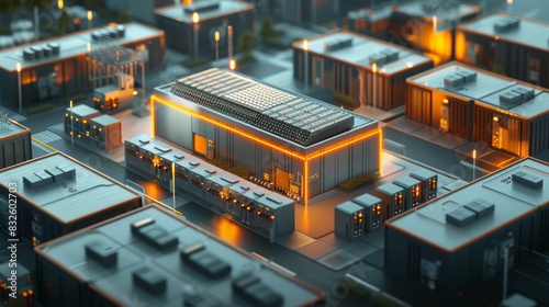 A 3D model of a high-capacity energy storage unit, integrated into a smart grid system, demonstrating the role of energy storage in managing and optimizing electricity distribution