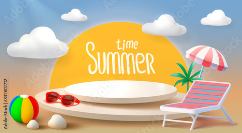 Summer time banner sale, beach umbrella with lounger for relaxation, sunglasses, seaside vacation scene. Vector illustration