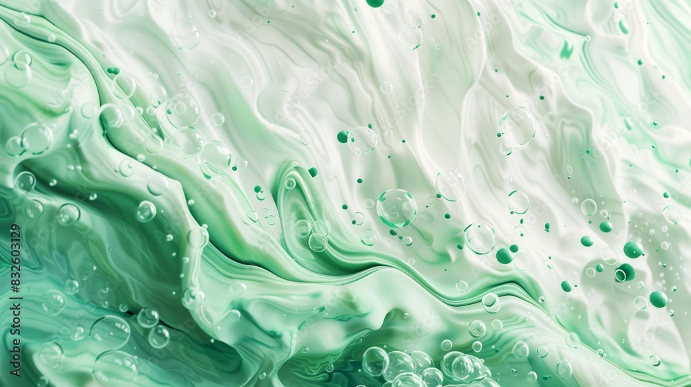 Swirling green and white fluid, resembling the texture of abstract painting, with bubbles floating in it. Swirling green and white fluid, resembling the texture of abstract painting, with bubbles floating in it.