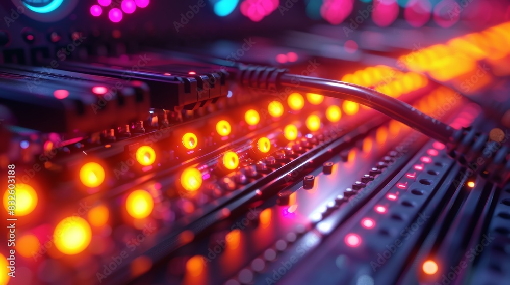A close-up of a network server room, with rows of blinking lights and cables, showcasing the infrastructure behind digital networks and the technology that powers our interconnecte A close-up of a network server room, with rows of blinking lights and cables, showcasing the infrastructure behind digital networks and the technology that powers our interconnecte