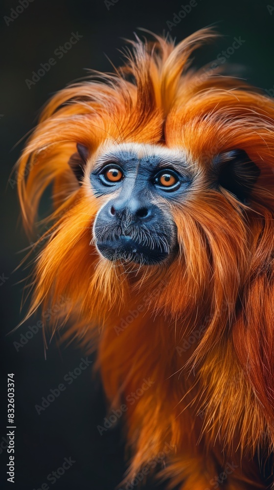 A detailed view of a Golden Lion Tamarin monkey with vibrant orange fur A detailed view of a Golden Lion Tamarin monkey with vibrant orange fur