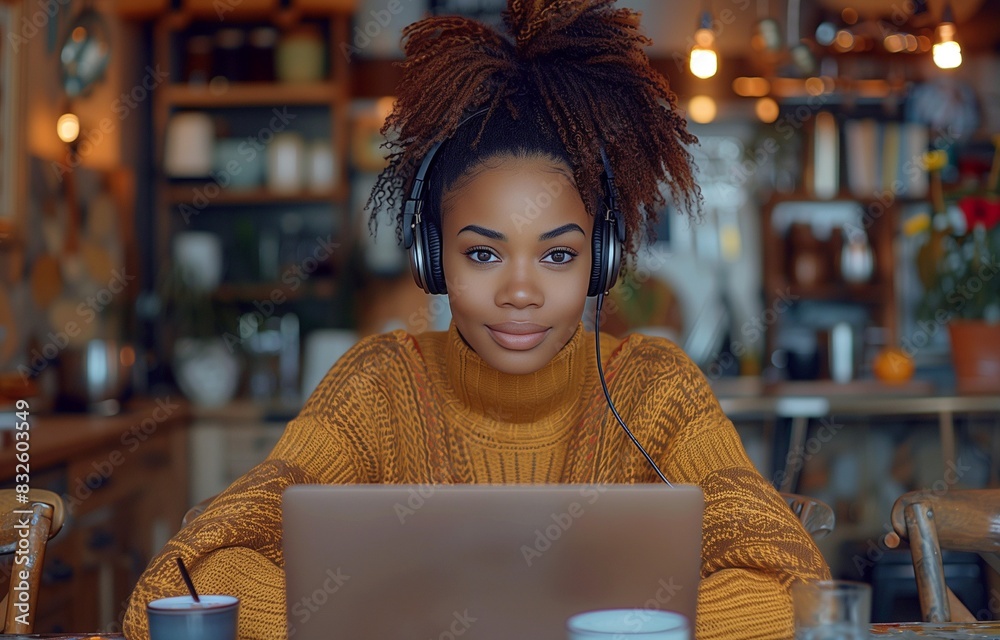 African American woman with headphones sits in the kitchen, working on her laptop and enjoying music African American woman with headphones sits in the kitchen, working on her laptop and enjoying music