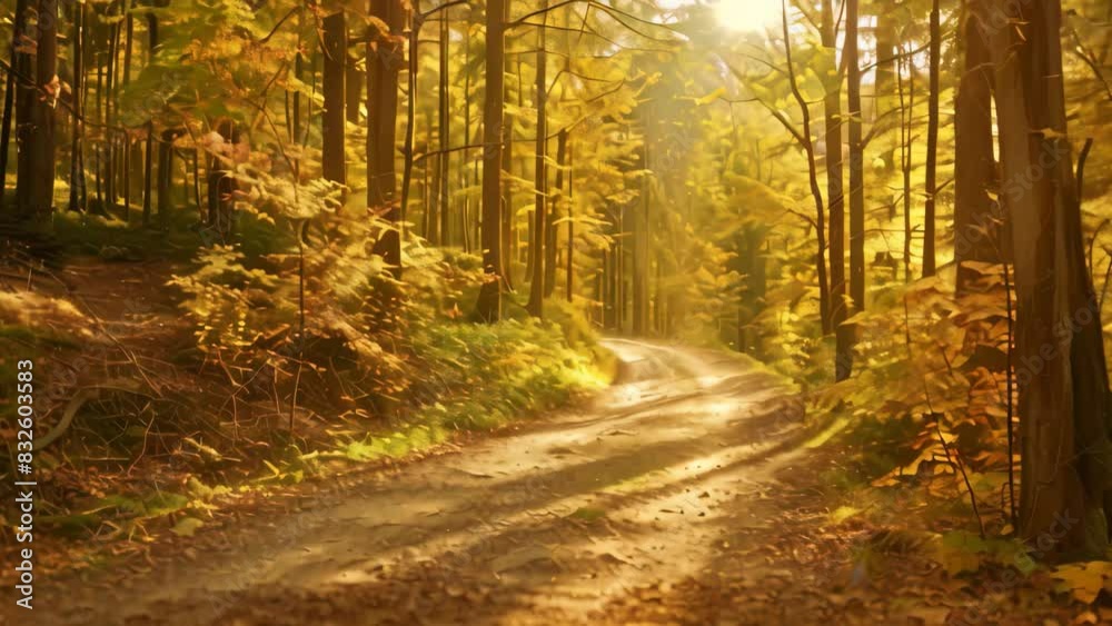A dirt road running through a dense forest under the sunlight filtering through the trees, A peaceful path through a sun-dappled forest in peak fall colors A dirt road running through a dense forest under the sunlight filtering through the trees, A peaceful path through a sun-dappled forest in peak fall colors