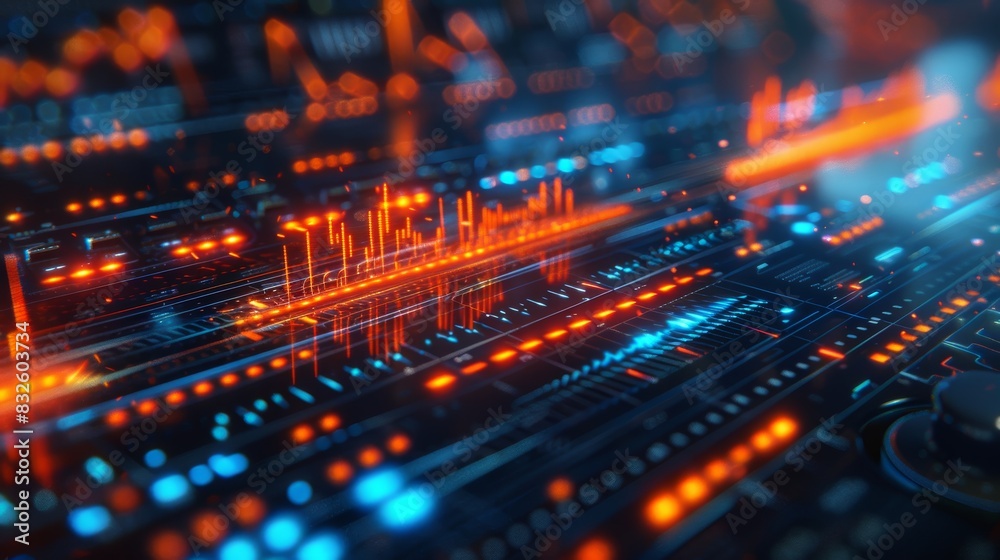 A conceptual image of a digital audio workstation screen, displaying waveforms of a music track with various levels of modulation for editing and production purposes.