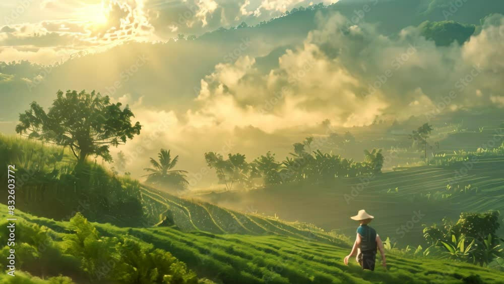 A person walking through a vibrant green field under a clear blue sky, A peaceful scene of a farmer tending to his crops in the early morning light A person walking through a vibrant green field under a clear blue sky, A peaceful scene of a farmer tending to his crops in the early morning light