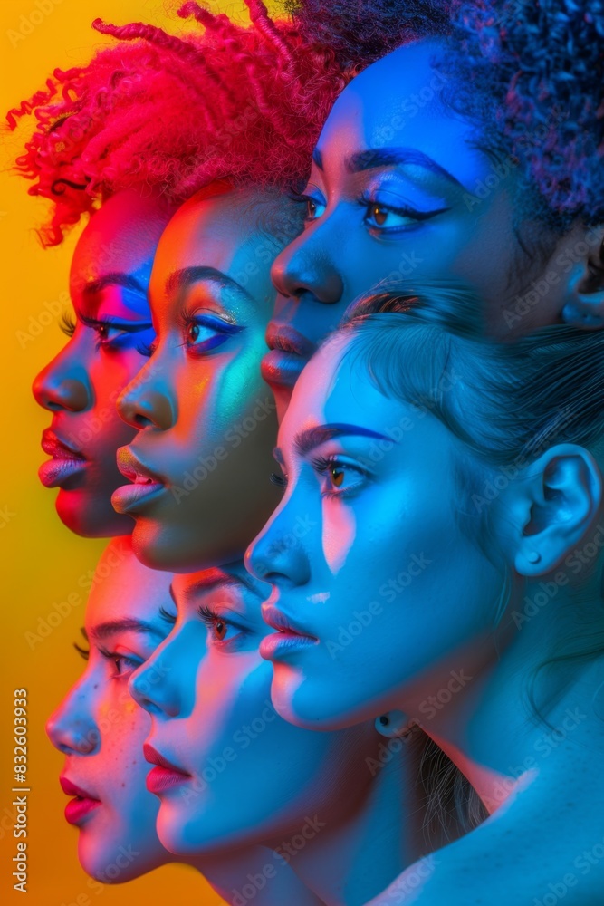Close-up profile of diverse women under vivid neon lighting, showcasing beauty and unity with colorful and dramatic effects. Close-up profile of diverse women under vivid neon lighting, showcasing beauty and unity with colorful and dramatic effects.
