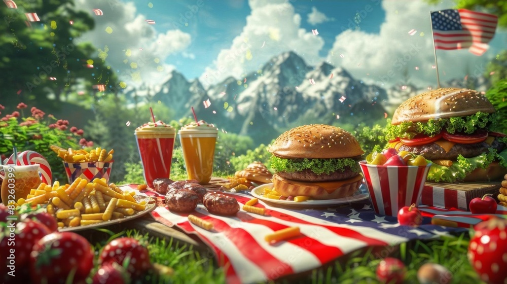 Vibrant cartoon drawing of an Independence Day picnic with oversized food and joyful characters under a sunny sky Vibrant cartoon drawing of an Independence Day picnic with oversized food and joyful characters under a sunny sky