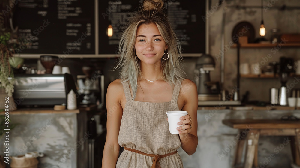 portrait of blond caucasian female business owner of a artisan coffee shop, chic minimalist interior design with neutral and beige colors