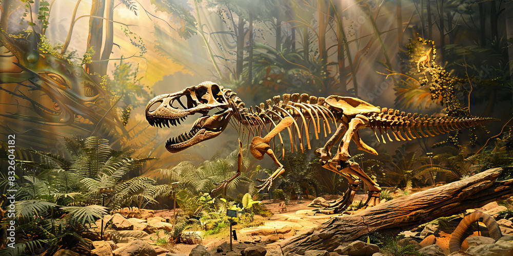 Natural History Museum Live Tour: Set with dinosaur skeletons, fossils, and interactive exhibits, backdrop featuring prehistoric landscapes and ancient creatures