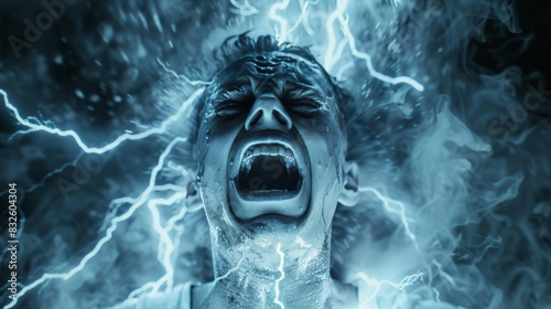 A dramatic image of a person receiving an electric shock, with visible arcs of electricity and a look of pain and surprise on their face, illustrating the danger of electrocution i photo