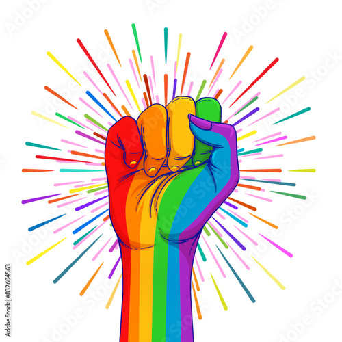 Rainbow colored hand with a fist raised up. Gay Pride. LGBT concept. Realistic style vector colorful illustration. Sticker, patch, t-shirt print, logo design.