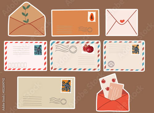 Post card and envelope sticker pack. Isolated hand drawn postal cards and envelopes with post stamps. Modern collection of love and friendship letter designs. Vector illustrations for web and print.
