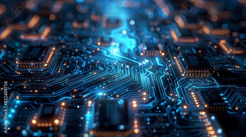 A highly detailed image of a modern electronic circuit board with intricate pathways and components, illuminated by a soft blue light, symbolizing the complexity and sophistication