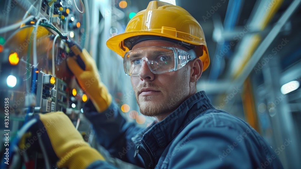 A safety demonstration with a professional wearing protective gear, using insulated tools to work on live electrical equipment, showcasing proper safety practices to prevent accide A safety demonstration with a professional wearing protective gear, using insulated tools to work on live electrical equipment, showcasing proper safety practices to prevent accide